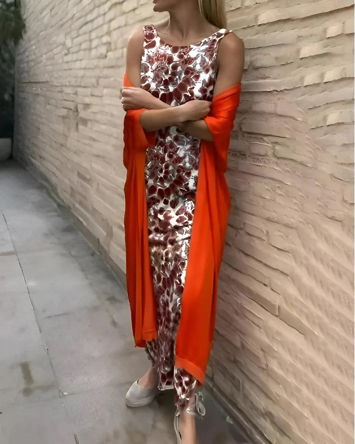 Bedrucktes Maxikleid mit fließender langer Strickjacke